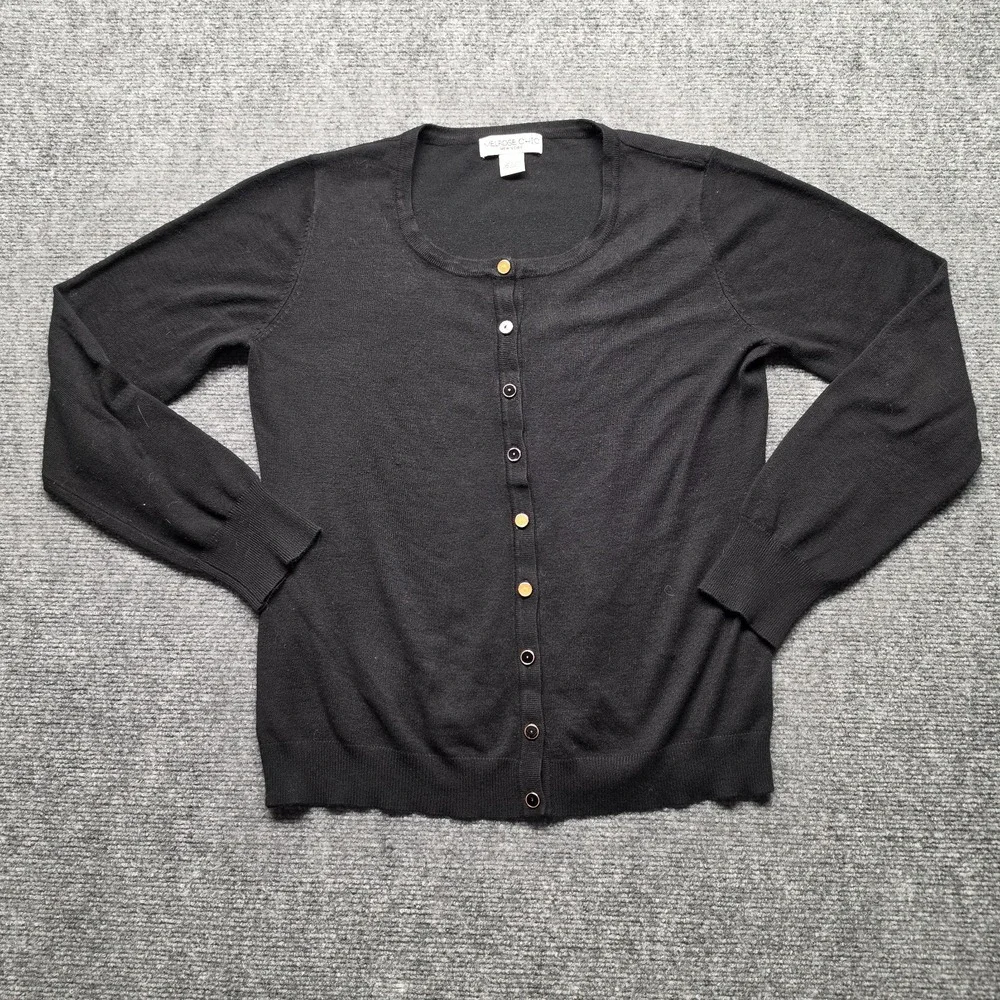 Melrose Chic Womens L Black Scoop Neck Cardigan Classic Soft Fine Knit Sweater